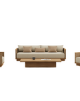 A modern 4-piece living room furniture set including a 3-seater sofa, two armchairs, and a low rectangular coffee table, arranged on a jute rug against a white studio background.