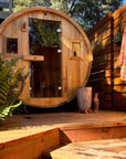 Barrel Outdoor Sauna - 6 Person w/ Harvia Spirit Wi-Fi 8kW Heater, lifestyle