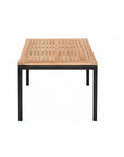 Square table with wooden top and black metal legs