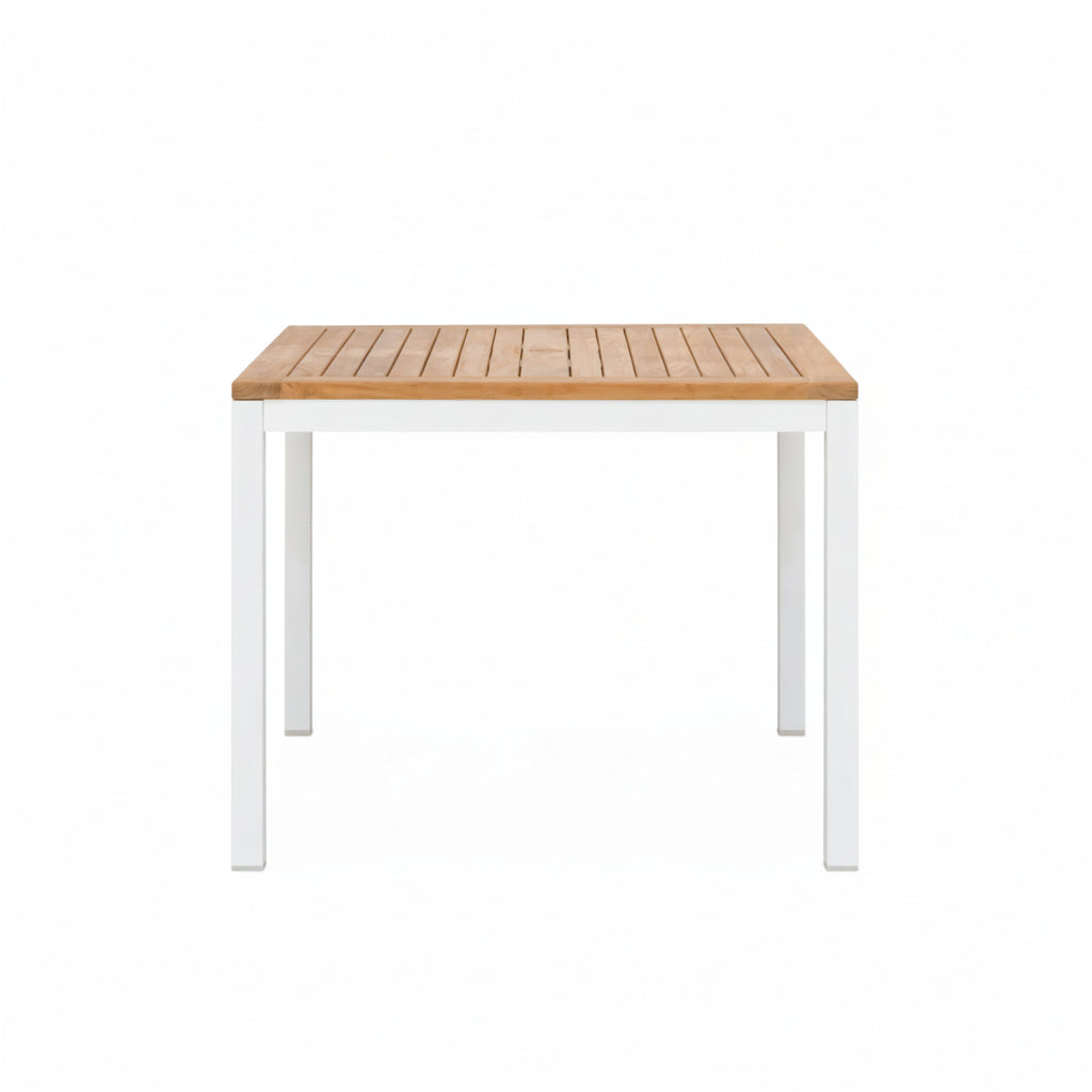 Square table with teak top and white legs 