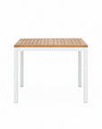 Square table with teak top and white legs 