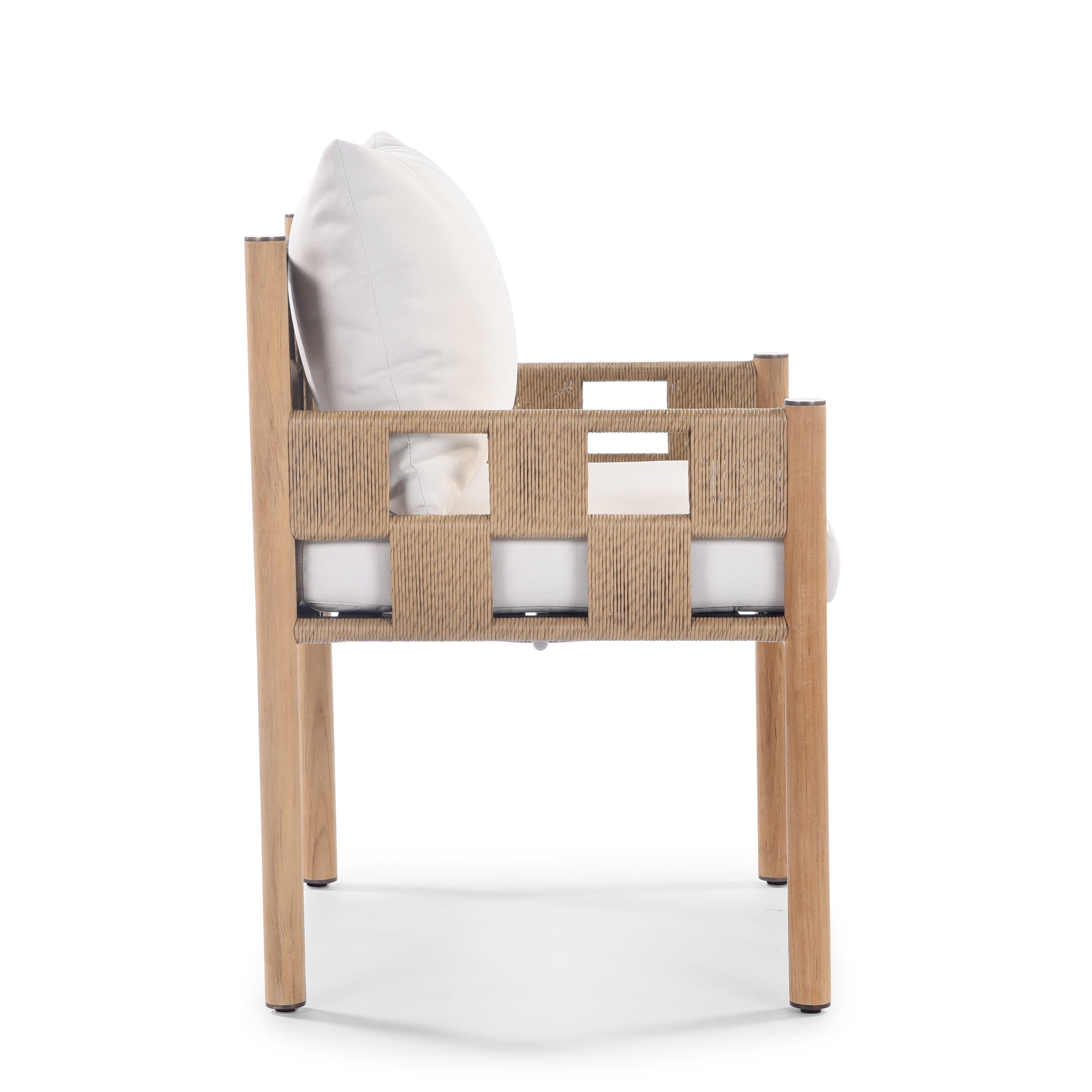 Crete outdoor dining chair with HDPE woven resin strands, powder-coated aluminum frame, and A-grade teak accents.