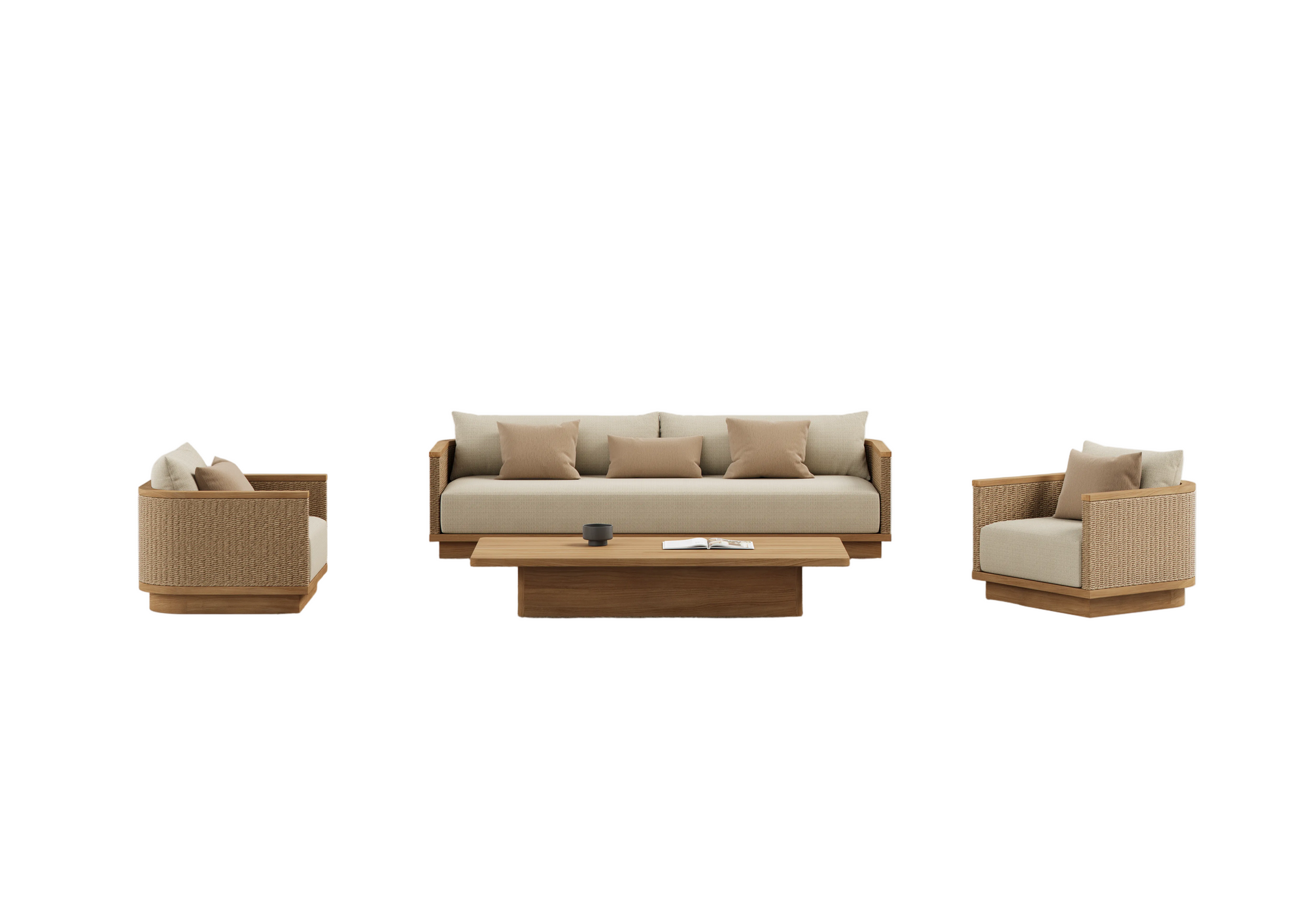 A modern 4-piece living room furniture set including a 3-seater sofa, two armchairs, and a low rectangular coffee table, arranged on a jute rug against a white studio background.