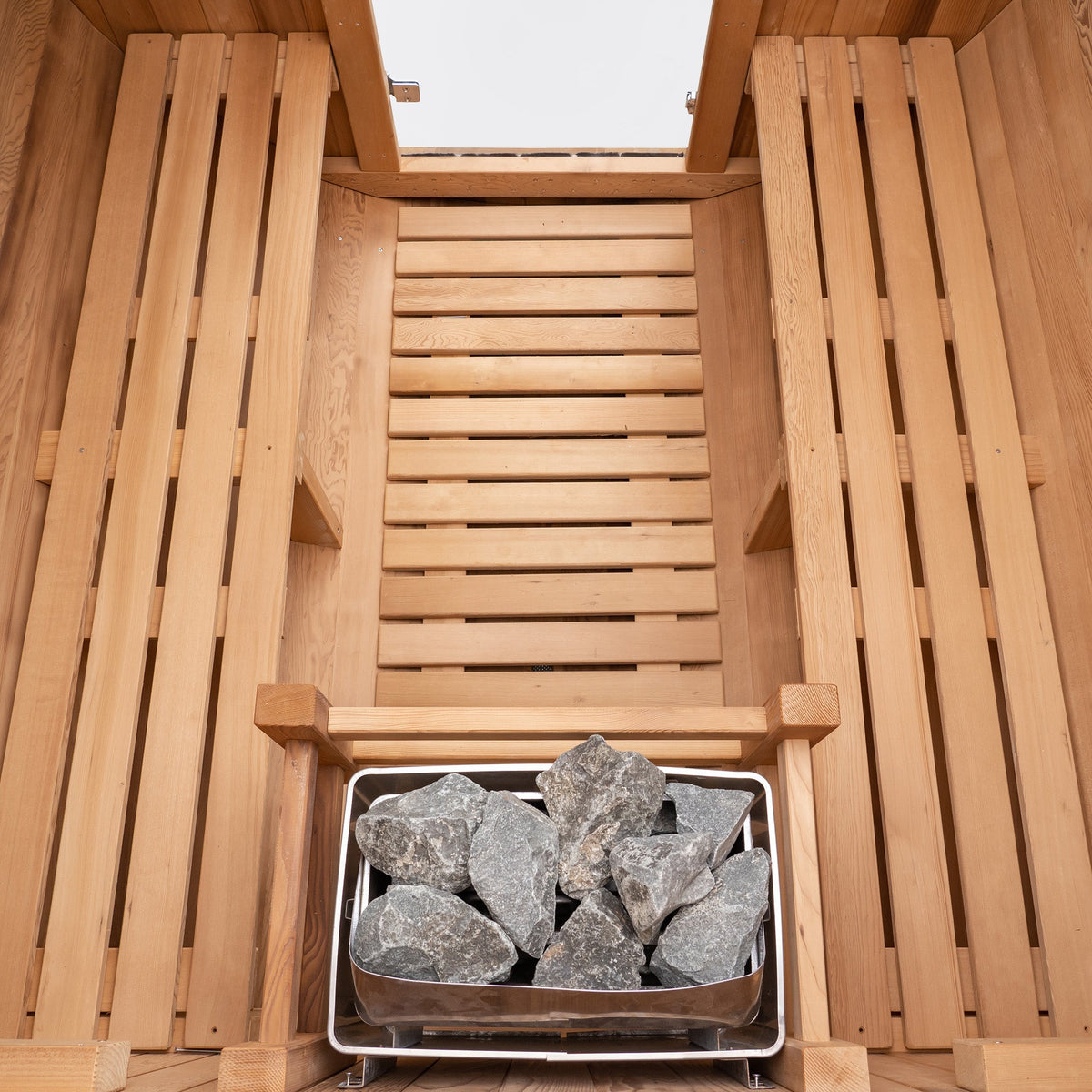 Barrel Outdoor Sauna - 6 Person w/ Harvia Spirit Wi-Fi 8kW Heater, interior