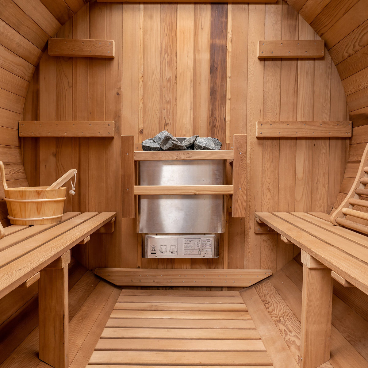 Barrel Outdoor Sauna - 6 Person w/ Harvia Spirit Wi-Fi 8kW Heater, interior