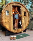 Barrel Outdoor Sauna - 6 Person w/ Harvia Spirit Wi-Fi 8kW Heater, lifestyle