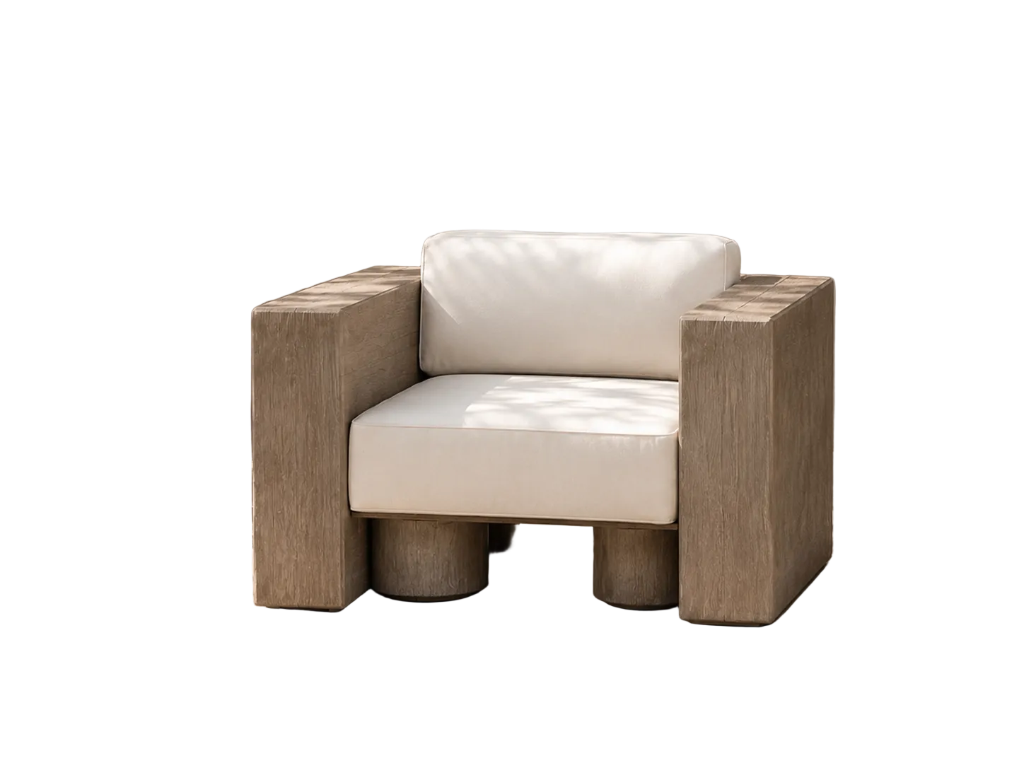 A modern outdoor armchair with a thick white cushioned seat and backrest, set in a minimalist patio environment with a stucco wall and a large planter in the background.