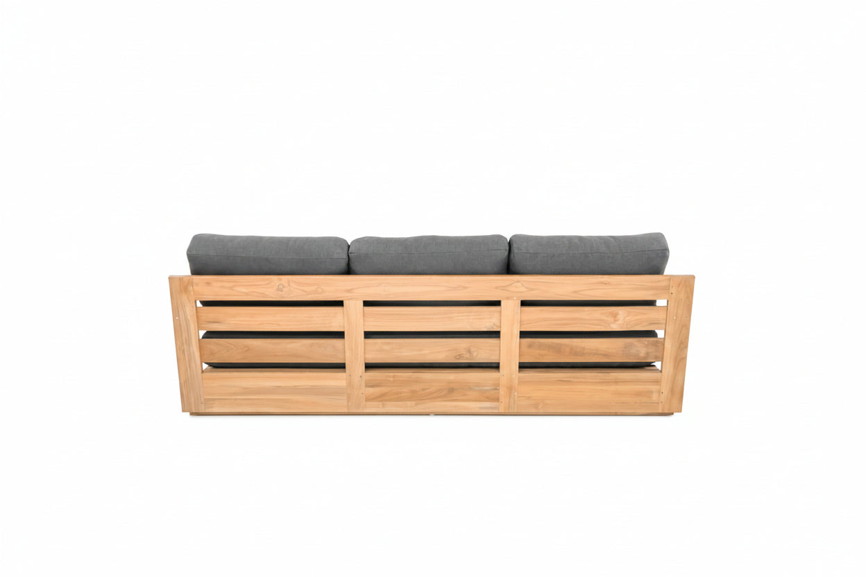 Teak outdoor sofa with gray cushions on a white background