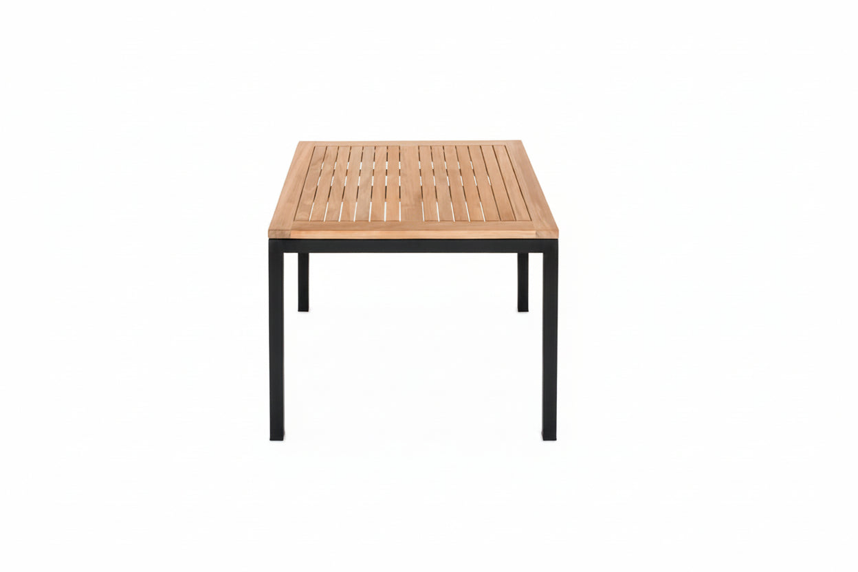Square table with wooden top and black metal legs 